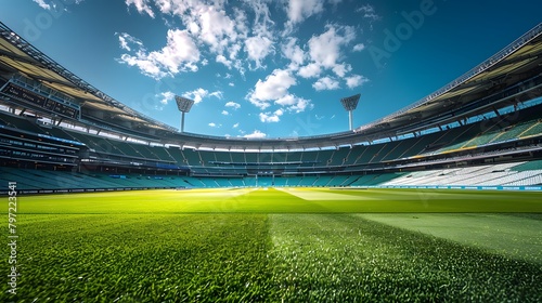 The interior view of an empty cricket stadium, with green grass and blue sky