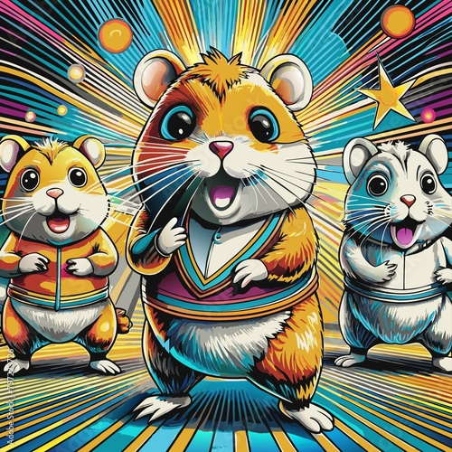 Cute cartoon hamster characters with different poses. Set of hamsters. Hamsters disco dancers. JPEG version.