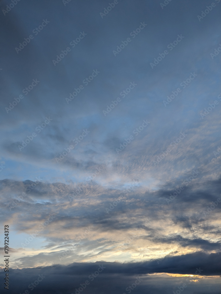 Sunset Sky, Morning Sunrise with colorful Yellow, Orange Sunrise on blue white Cloud, Golden hour Romantic Summer Sky Background