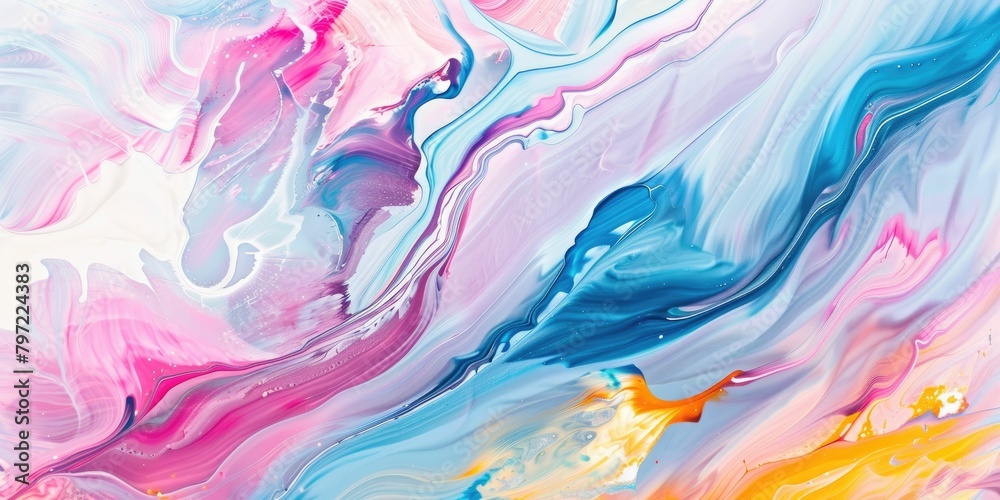 Vibrant abstract painting with swirling patterns of pink, blue, and white, resembling a fluid, dynamic texture.