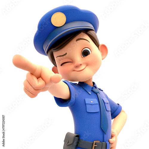 A young cartoon policeman with a confident look pointing a finger directly at you stands out against a transparent background
