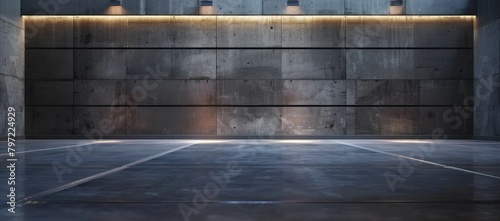Modern interior with concrete walls illuminated by a horizontal light strip, creating a dramatic and minimalist atmosphere. photo