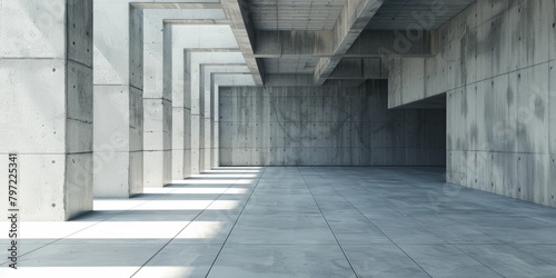 Modern architectural interior with concrete walls and geometric structures, illuminated by natural light.