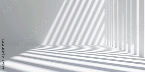 Abstract minimalist white room with sunlight casting shadows through vertical slats, creating a pattern of lines on the floor.