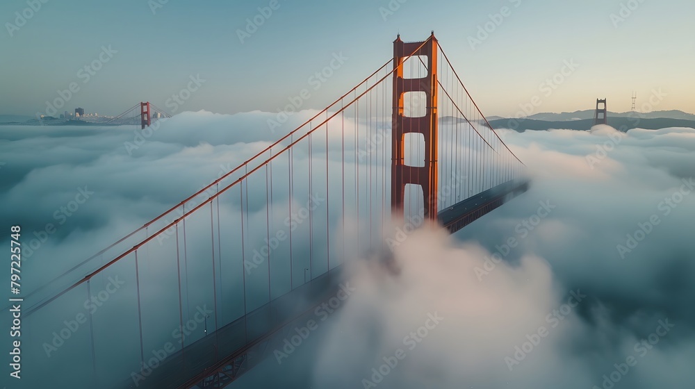 The Bridge, captured from above with misty waters below and clear skies overhead. The scene is a serene blend of iconic architecture and natural beauty