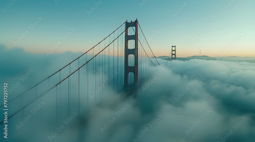 Obraz premium The Bridge, captured from above with misty waters below and clear skies overhead. The scene is a serene blend of iconic architecture and natural beauty