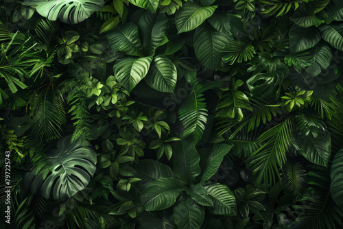 The lush and dense texture of rainforest foliage showcases the vibrant greens and intricate patterns. 