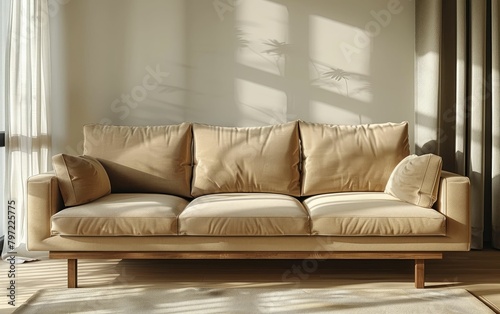 A modern beige sofa in a sunlit living room with shadows of plants on the wall.