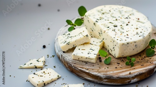 A round tasty oregano goat cheese on a wooden board. Juicy goat cheese with a touch of oregano on a neutral background.
