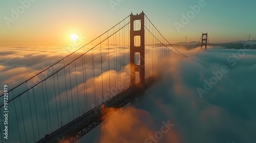 The Bridge, captured from above with misty waters below and clear skies overhead. The scene is a serene blend of iconic architecture and natural beauty