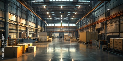 Interior of a large industrial warehouse with rows of shelves stocked with boxes under a high ceiling with skylights.