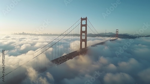 The Bridge, captured from above with misty waters below and clear skies overhead. The scene is a serene blend of iconic architecture and natural beauty