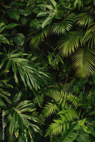 The lush and dense texture of rainforest foliage showcases the vibrant greens and intricate patterns. 