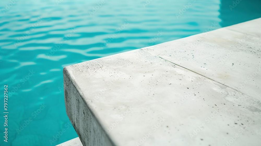 Fascinating close-up of a white concrete edge of a swimming pool with crystal clear water. Smooth pool edge surface under soft sunlight in calm feeling.
