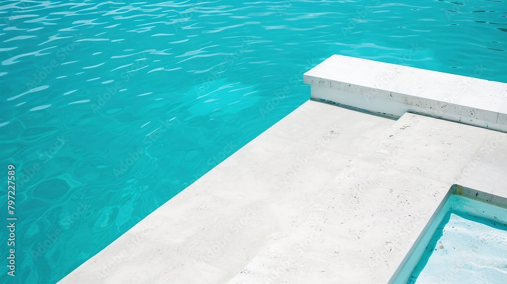 Fascinating close-up of a white concrete edge of a swimming pool with crystal clear water. Smooth pool edge surface under soft sunlight in calm feeling.