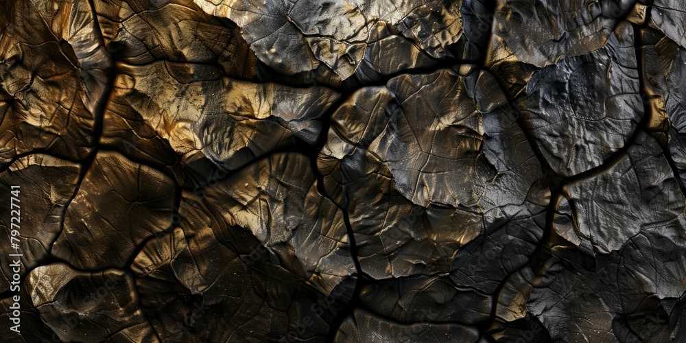 Close-up of a textured surface with cracked patterns in golden and black tones. Close-up of a textured surface with cracked patterns in golden and black tones.