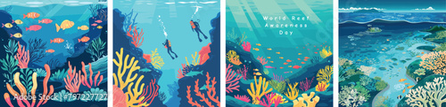 World Reef Awareness Day on June 1st. Set of Social media banners. Sea underwater elements. A vibrant coral backdrop, Underwater ocean scene. Blue water, coral reef, Ocean Day concept. Square post.