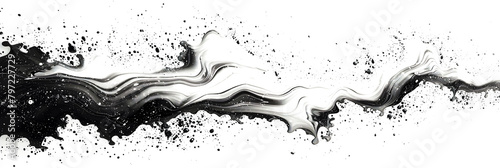 Black and white marbled watercolor paint stain on transparent background.