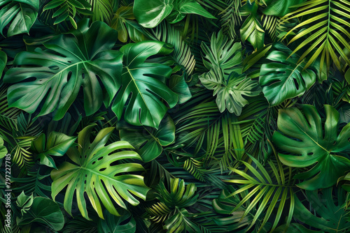 The lush and dense texture of rainforest foliage showcases the vibrant greens and intricate patterns. 