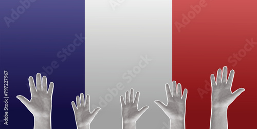 Halftone trendy retro collage, hands raised up, flag of France, voting in France. Vector illustration, pop art composition banner.