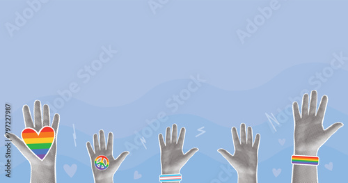 Halftone trendy retro collage, hands raised up, lgbt flag, lgbt pride month. Vector illustration, pop art composition banner.