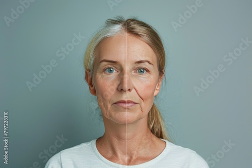 Visual interventions in aging facial contouring emphasize life stages and aging age trend impacts, using dual perspectives to refine aging and puffiness depiction. photo