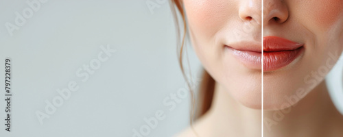 Banner showing before and after lip filler injections. Lip augmentation close-up. Plastic surgery. 