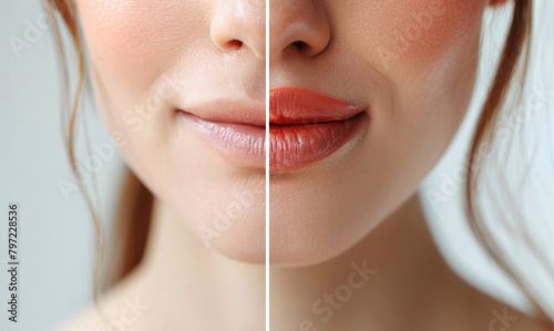 Before and after lip filler injections. Lip augmentation close-up. Plastic surgery. 