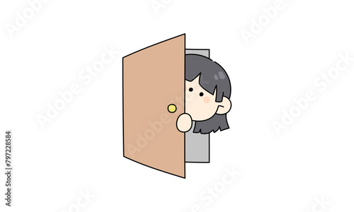 扉から顔を覗かせる女性のイラスト