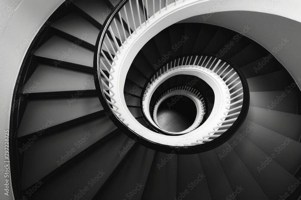 Black and white spiral staircase. Modern architectural element in a monochromatic palette.