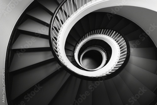 Black and white spiral staircase. Modern architectural element in a monochromatic palette.