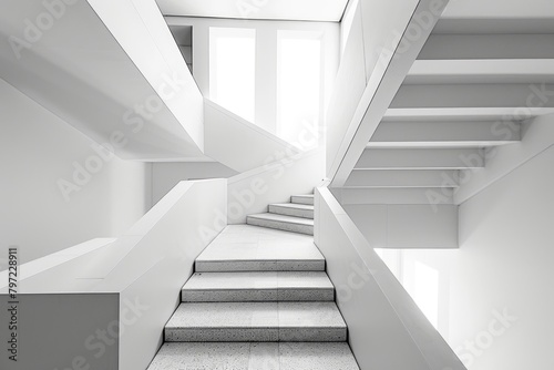 Spiral staircase with a white door centerpiece. Architectural design with a focal point.