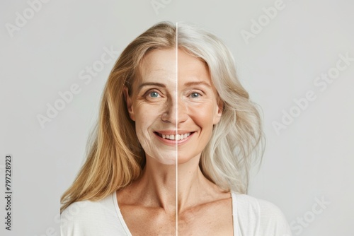 Double care in portrait settings emphasizes skin texture improvement across age differences, focusing on skin and split firmness in smooth skin contexts.