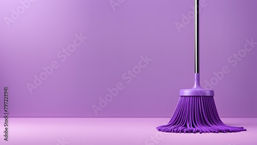 A purple mop is standing upright on a purple background