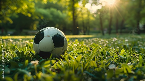 A soccer ball rests on the green grass of an outdoor field  bathed in sunlight filtering through the trees.