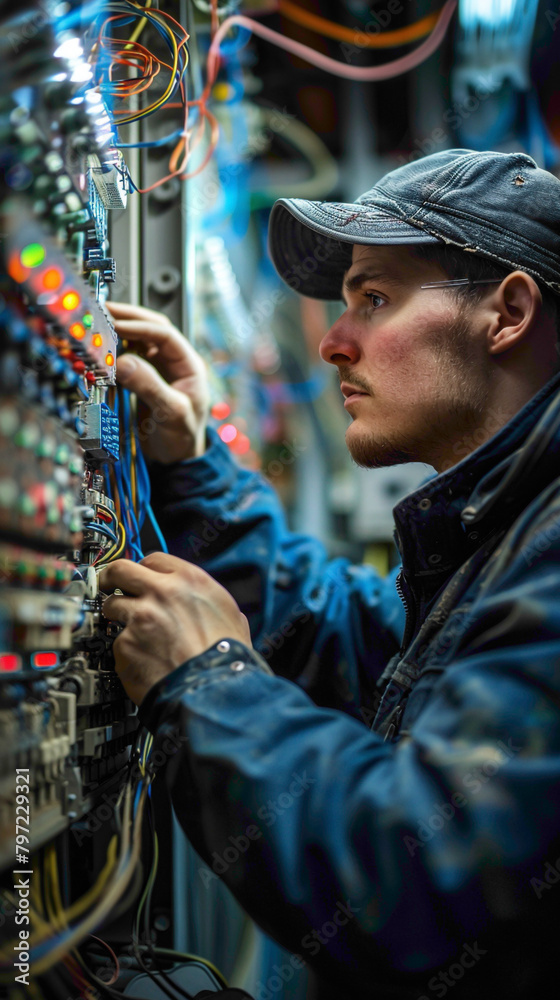 An Electrical Engineering Technician Assisting electrical engineers in designing, testing, and troubleshooting electrical systems and components, realistic people photography