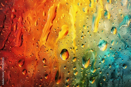 A colorful painting of water droplets with a rainbow background