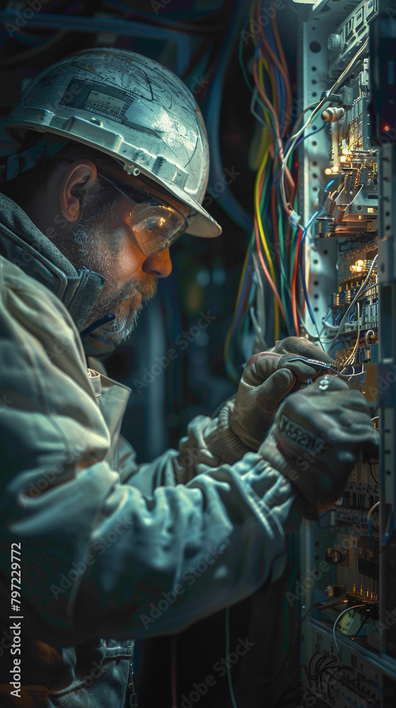 An Electrician Installing and repairing electrical systems, hyperrealistic Electrical engineering photography