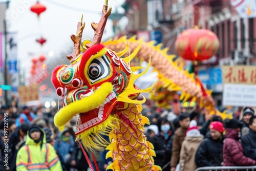 Vibrant Chinese New Year Celebration with Traditional Dragon Dance Amidst Lanterns and Crowds