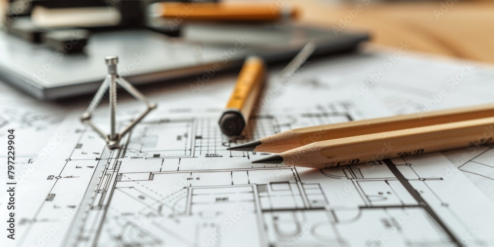 Artistic composition: pencils atop a paper featuring a building sketch. Blending creation and inspiration. Artistic composition: pencils atop a paper featuring a building sketch. Blending creation and inspiration.