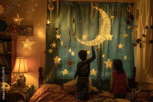 A family and children decorate their home with crescent moons, stars, and banners for Ramadan. © P