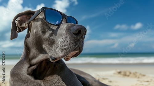 A Black Great Dane In Sunglasses Enjoying a Sunny Day at the Beach (ID: 797230341)
