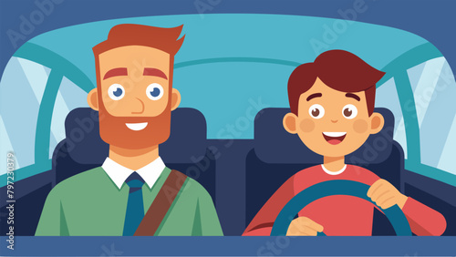 A parent using the driving lesson to share funny childhood memories and connect with their teenager on a personal level.. Vector illustration