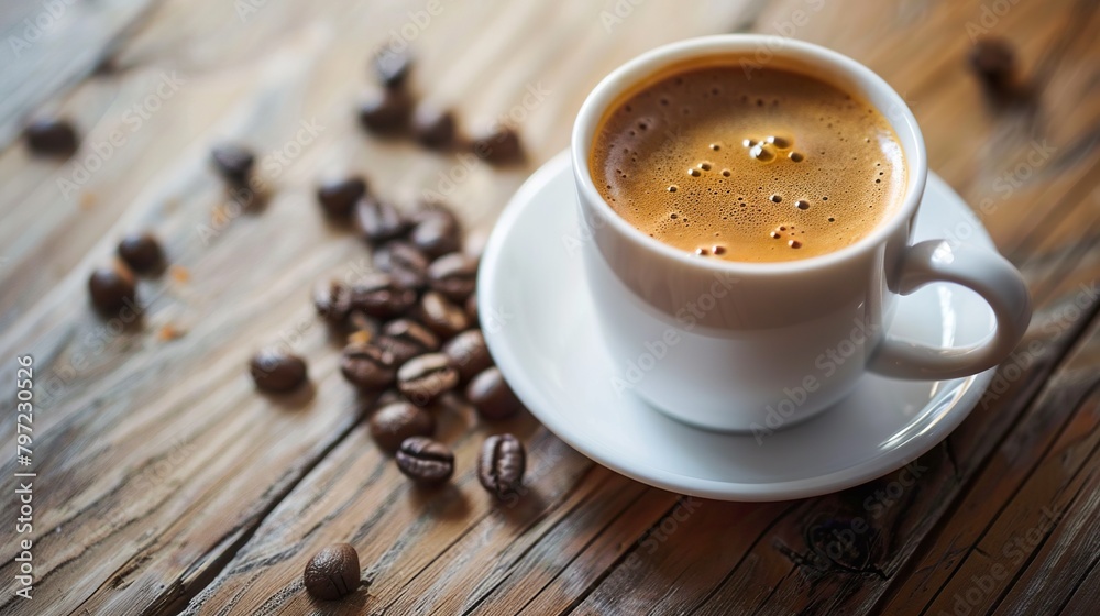 A white cup of coffee on a rustic wooden table with selected coffee beans around. Scene with a touch of rusticity with fresh coffee with a tempting aroma. A white cup of coffee on a rustic wooden table with selected coffee beans around. Scene with a touch of rusticity with fresh coffee with a tempting aroma.