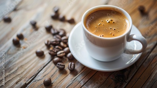 A white cup of coffee on a rustic wooden table with selected coffee beans around. Scene with a touch of rusticity with fresh coffee with a tempting aroma.