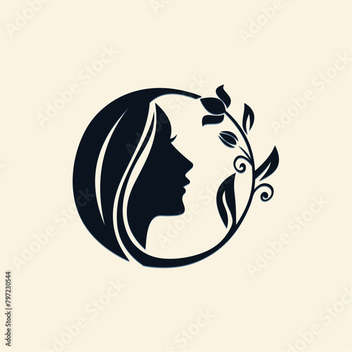  Face girl logo with flower design combination, line style design,