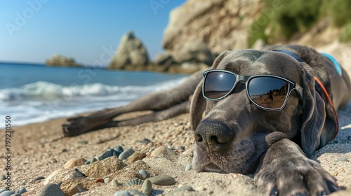 A Black Great Dane Relaxing on a Sunny Sandy Beach in Sunglasses (ID: 797230550)