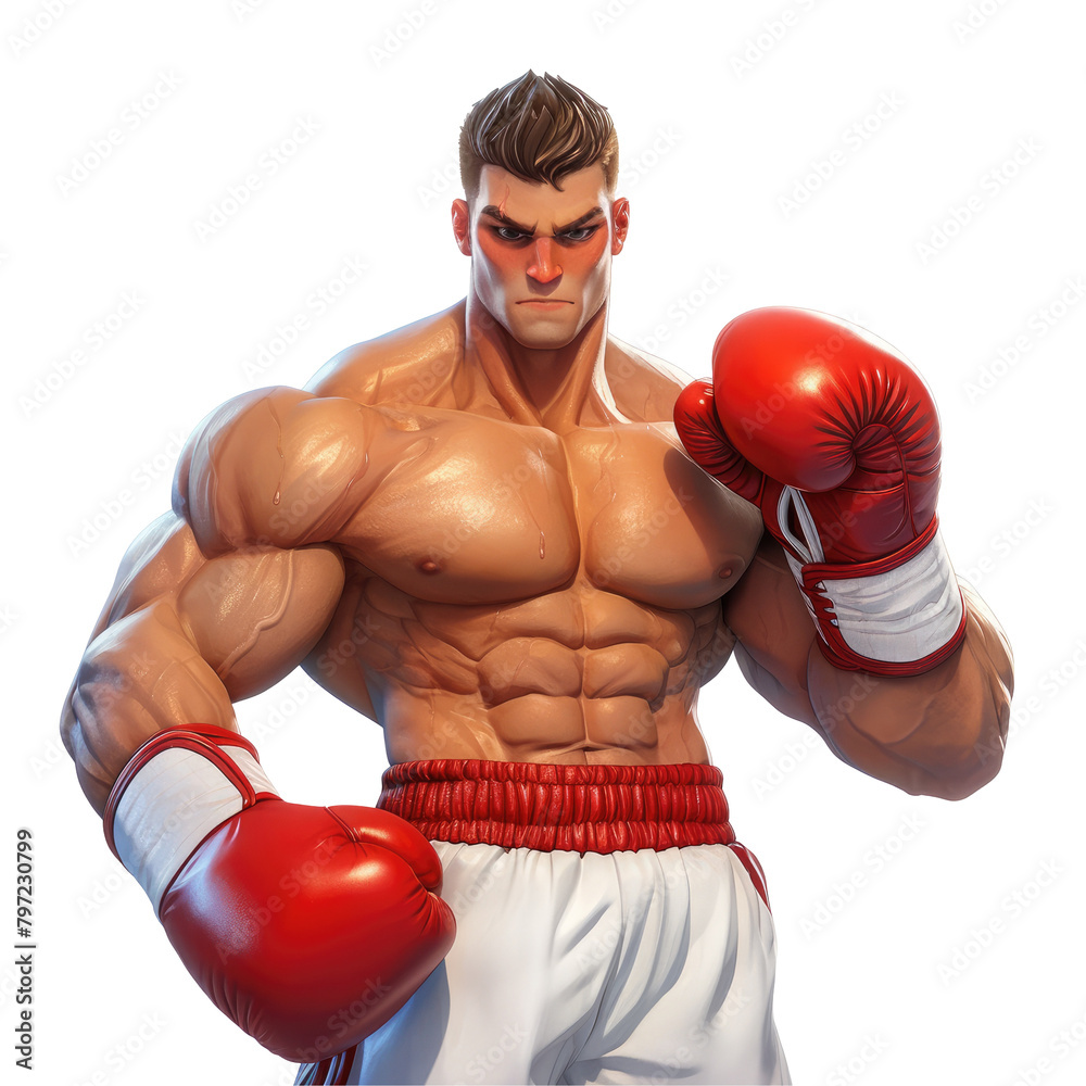 A muscular athlete model wearing boxing gloves poses against a transparent background sporting white pants