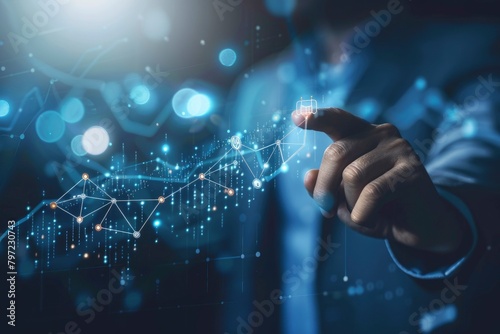 Businessman pointing arrow graph growth and financial network connection, analysing data to increase sales and revenue profit to achieve business investment goal in global economic - generative ai