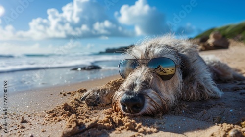 An image of an Irish wolfhound dog sleeping at a Southern California beach in sunglasses (ID: 797230758)